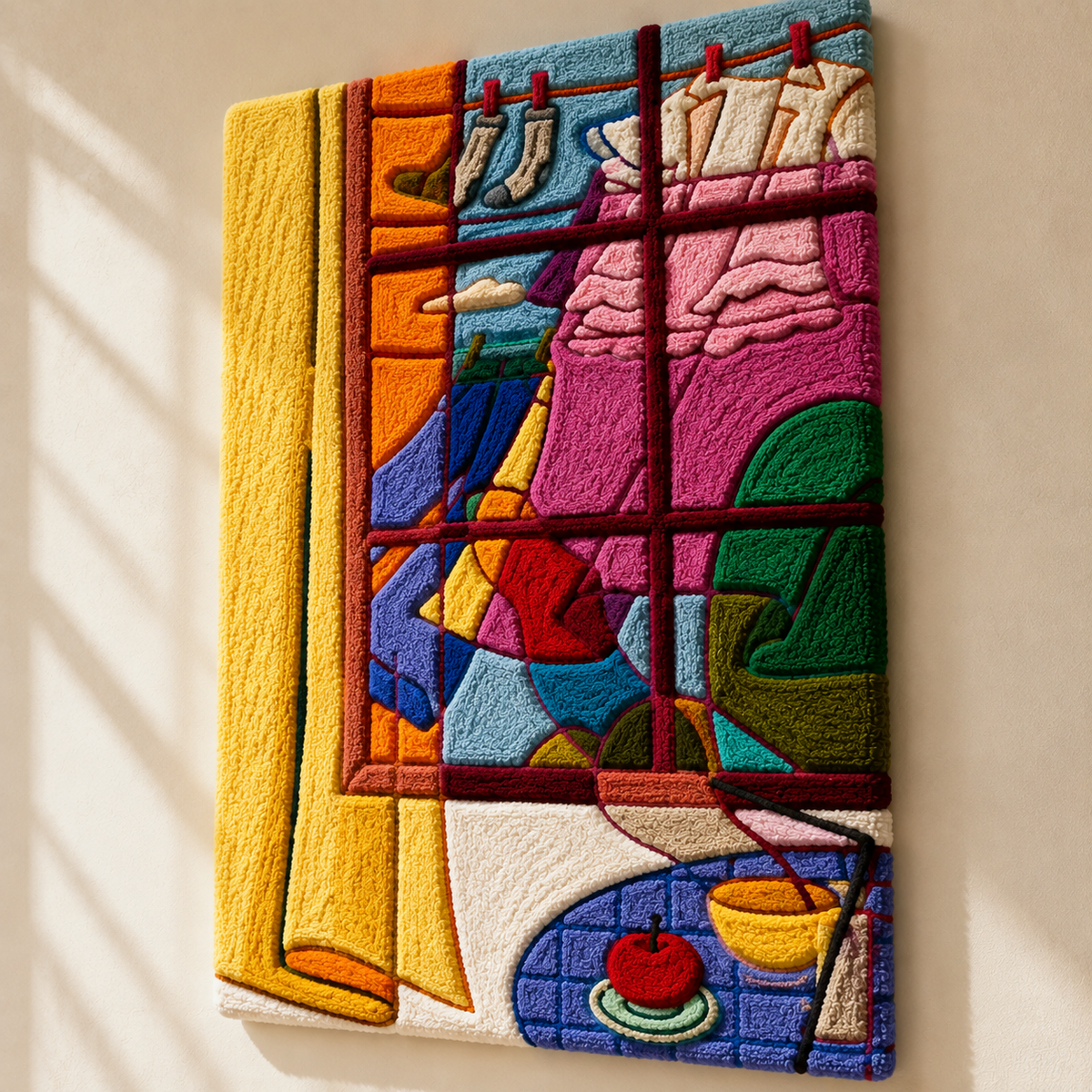 Colorful chromatic window wall art by Hewn Earth, featuring vibrant geometric patterns on a modern interior wall.