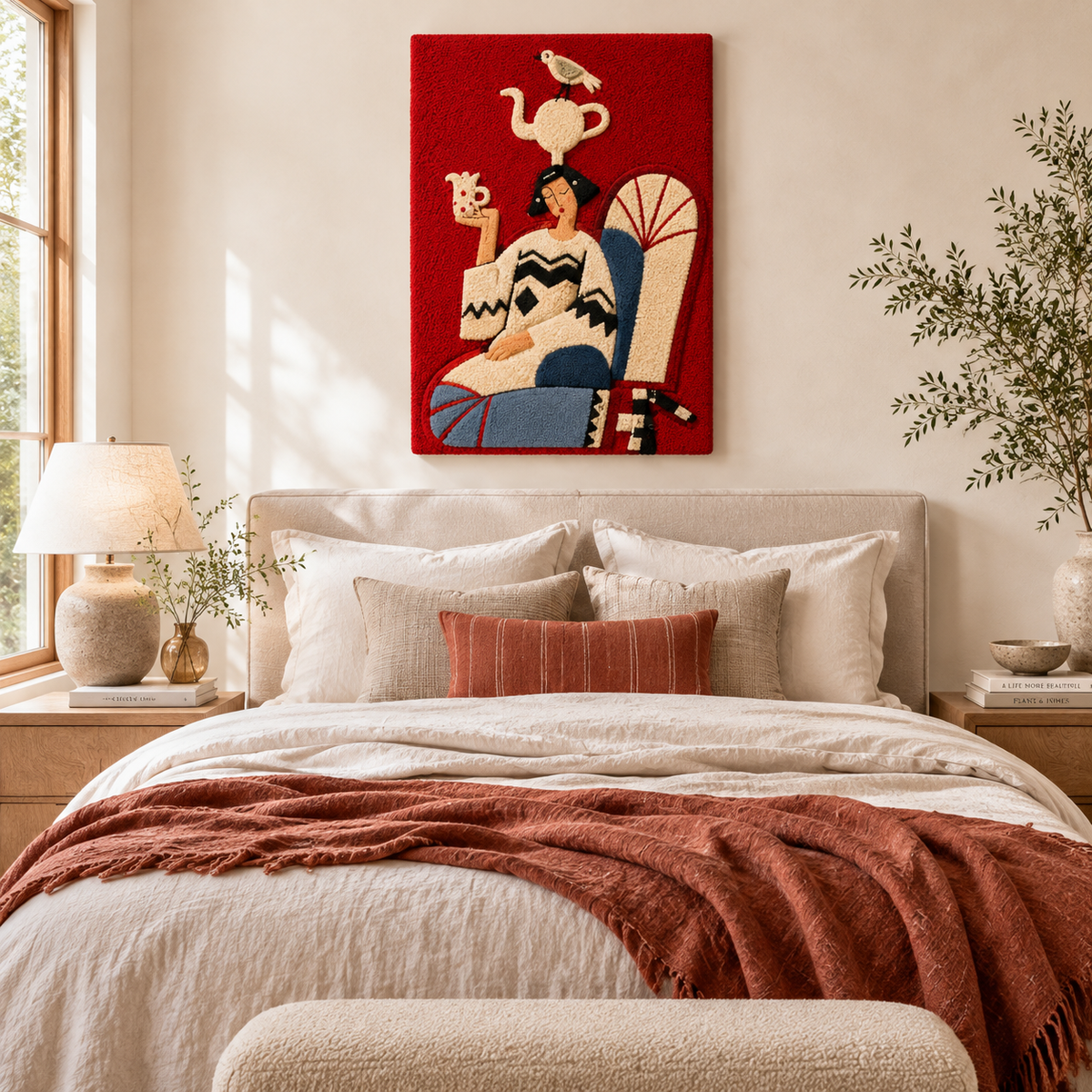 Hewn Earth Scarlet Tea Dream wall art featuring vibrant red and pink abstract floral design for modern home decor.