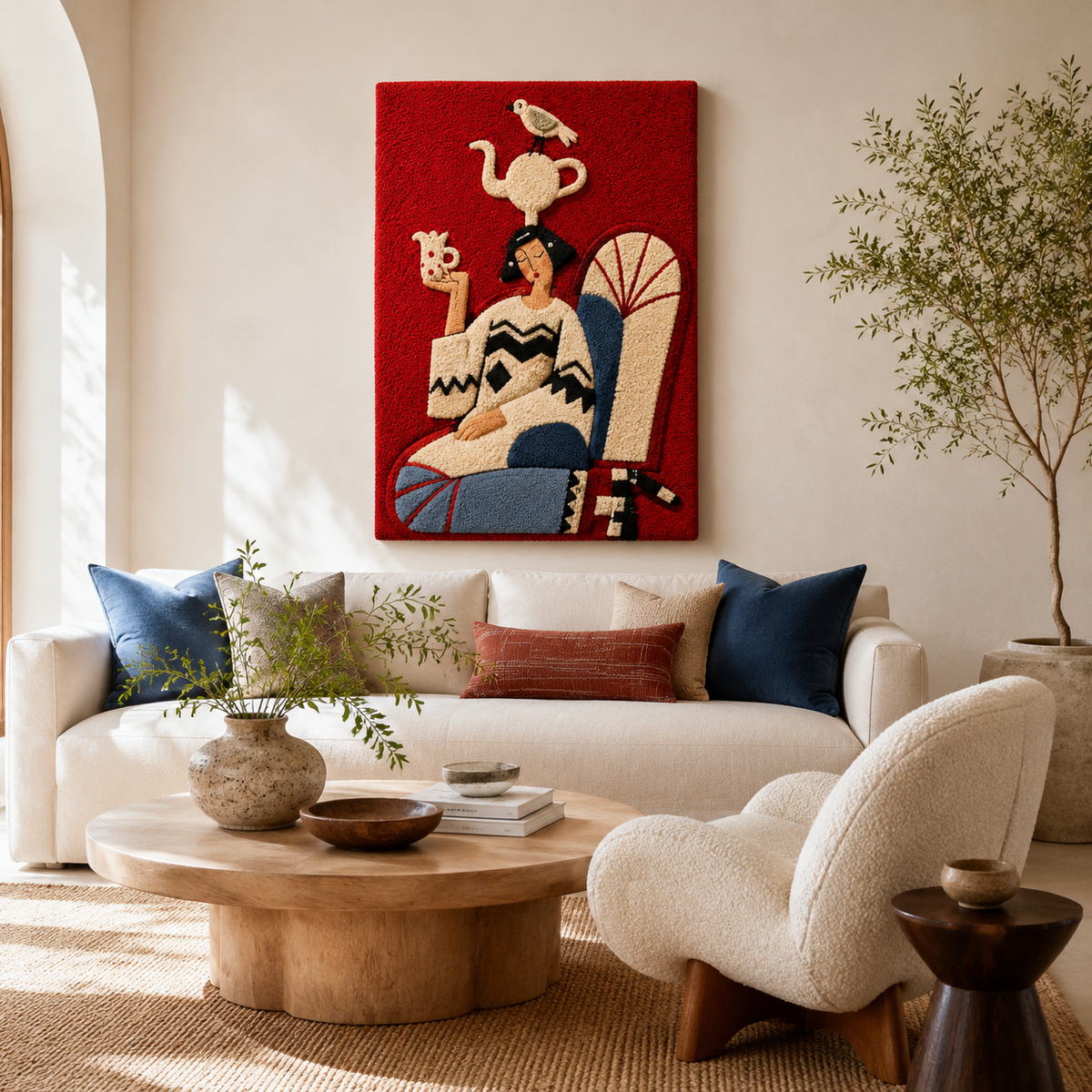 Hewn Earth Scarlet Tea Dream wall art featuring vibrant, abstract design with warm red and orange tones on a textured canvas.