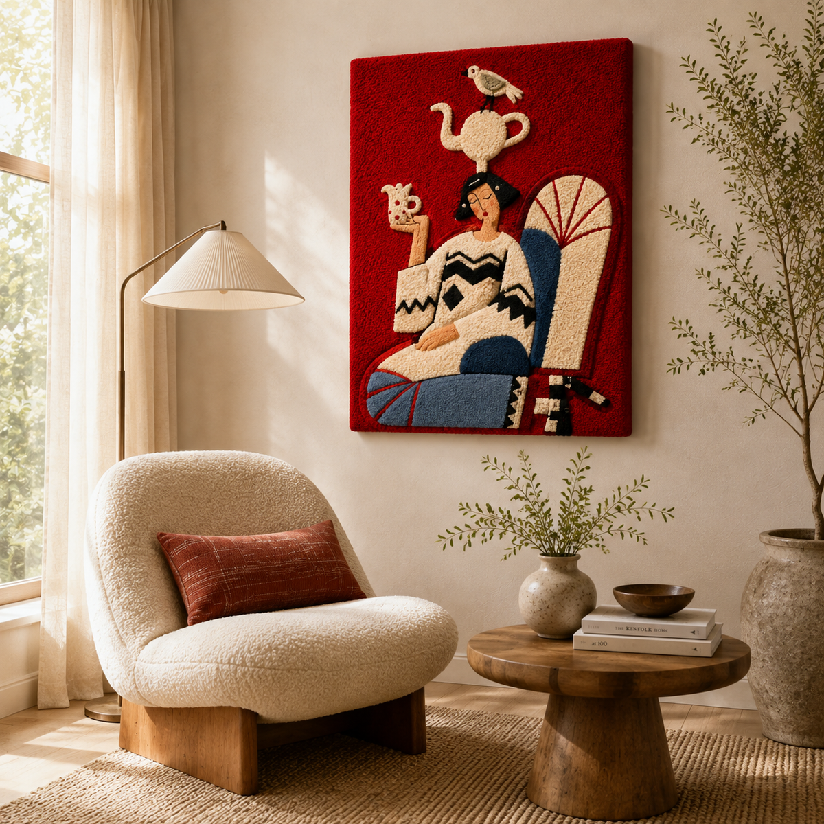 Hewn Earth Scarlet Tea Dream wall art featuring vibrant red and orange abstract floral design on canvas.