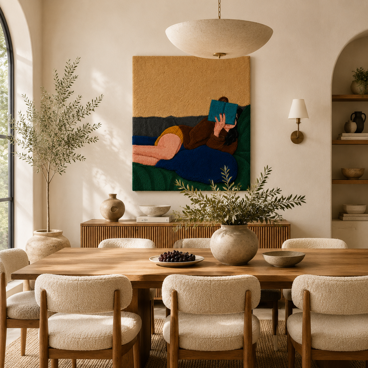 Hewn Earth Quiet Blue Reader wall art featuring a serene blue-toned illustration of a person reading on a wall canvas.