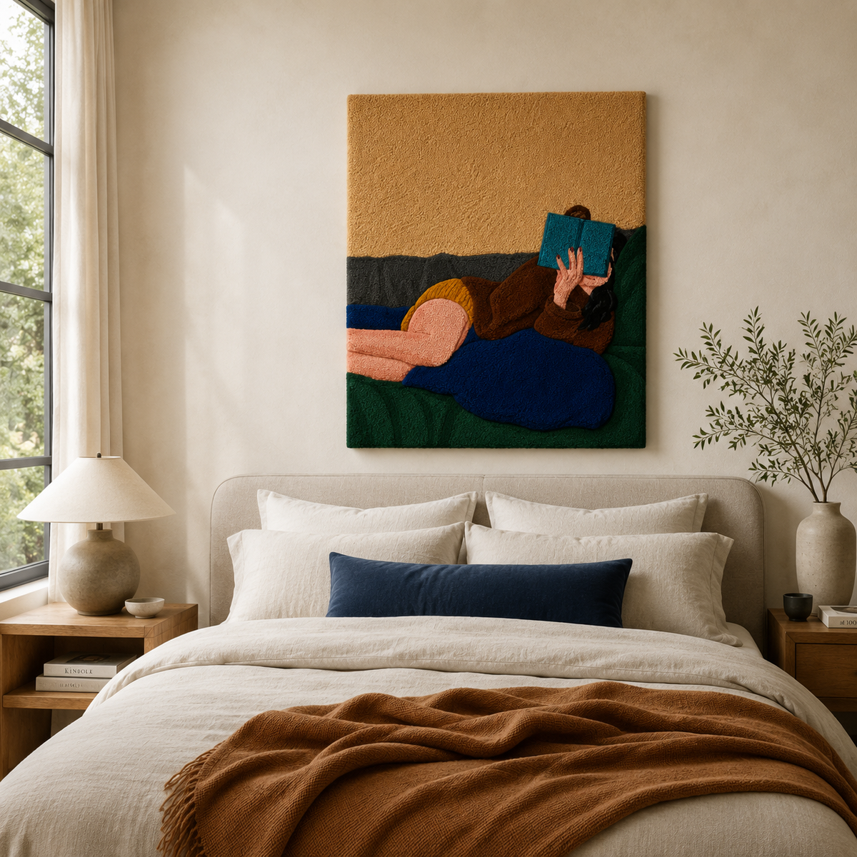 Quiet Blue Reader wall art by Hewn Earth, featuring a serene blue-toned illustration of a person reading, suitable for cozy home decor.