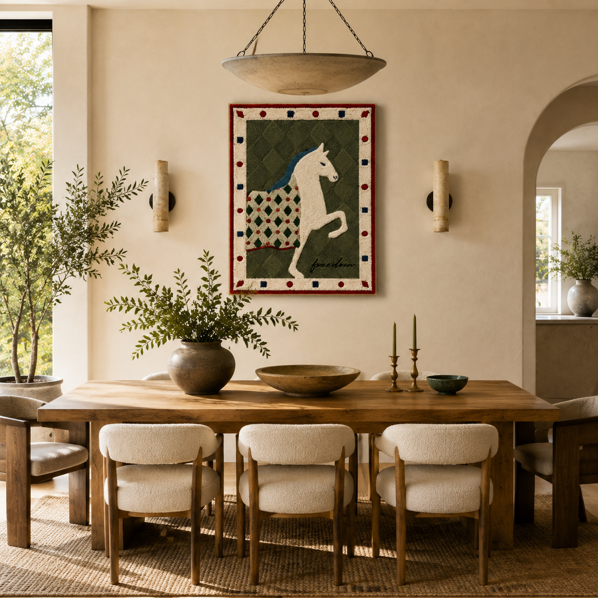 Ivory horse tapestry wall art by Hewn Earth featuring a detailed horse design on fabric background.