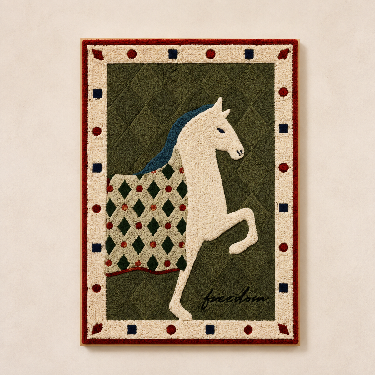 Ivory horse tapestry wall art by Hewn Earth featuring a detailed horse design on fabric for home decor.