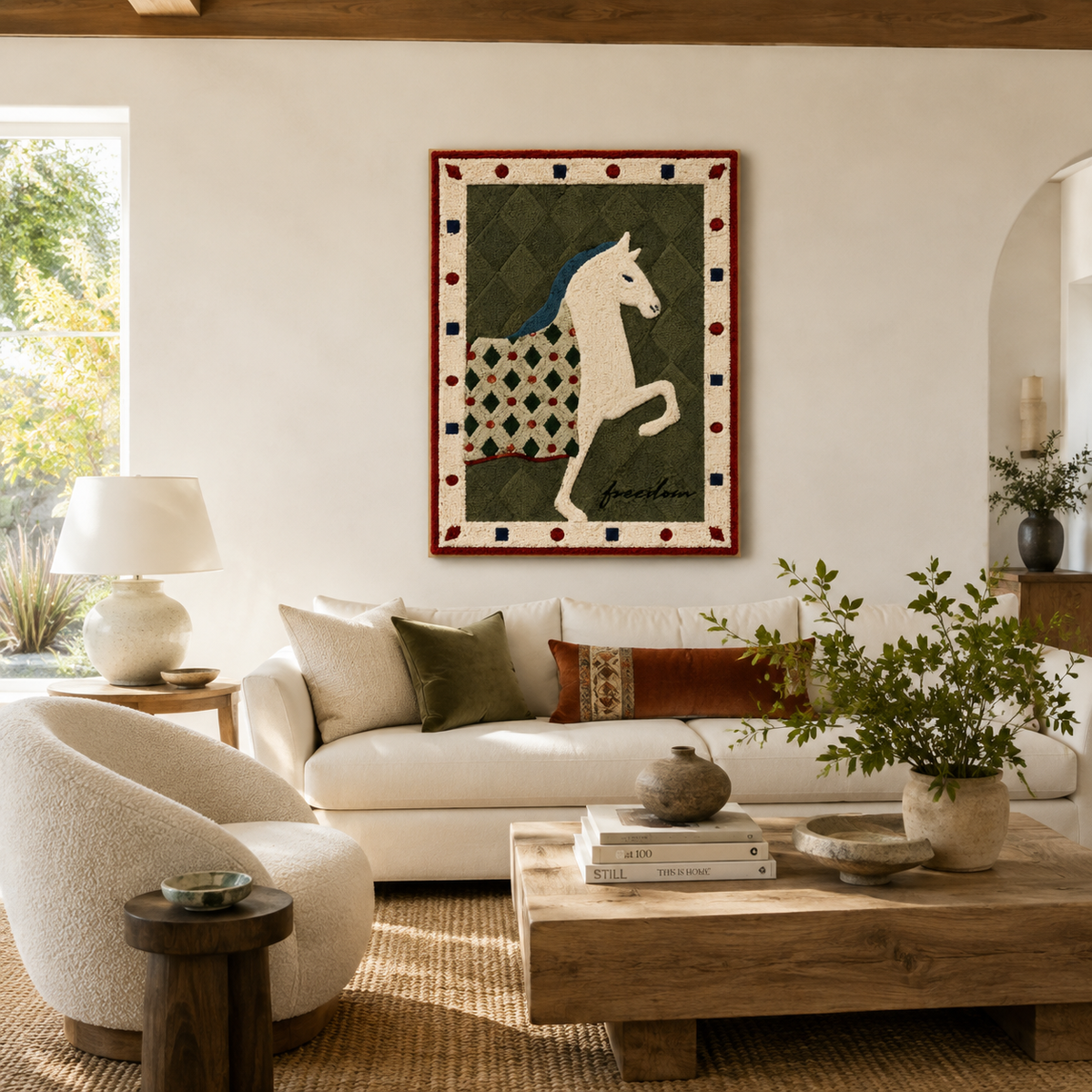 Ivory horse tapestry wall art by Hewn Earth featuring a detailed horse illustration on a textured fabric background.