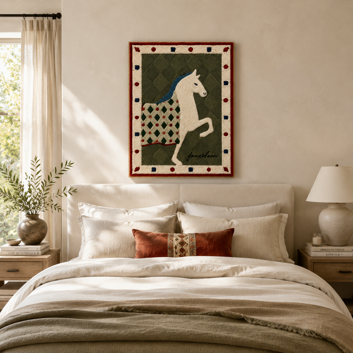 Ivory horse tapestry wall art by Hewn Earth featuring a detailed horse design on a neutral background.