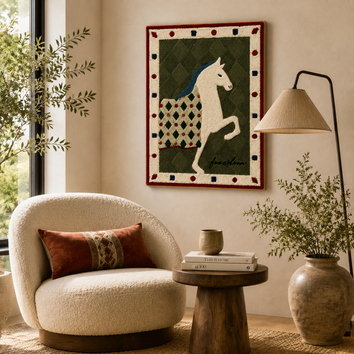 Ivory horse tapestry wall art by Hewn Earth, featuring a detailed, elegant horse design on fabric for home decor.