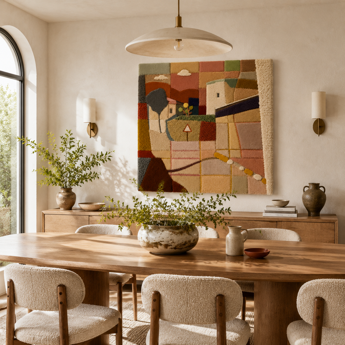 Hewn Earth Village Geometry wall art featuring geometric shapes and earthy tones, displayed on a modern interior wall.