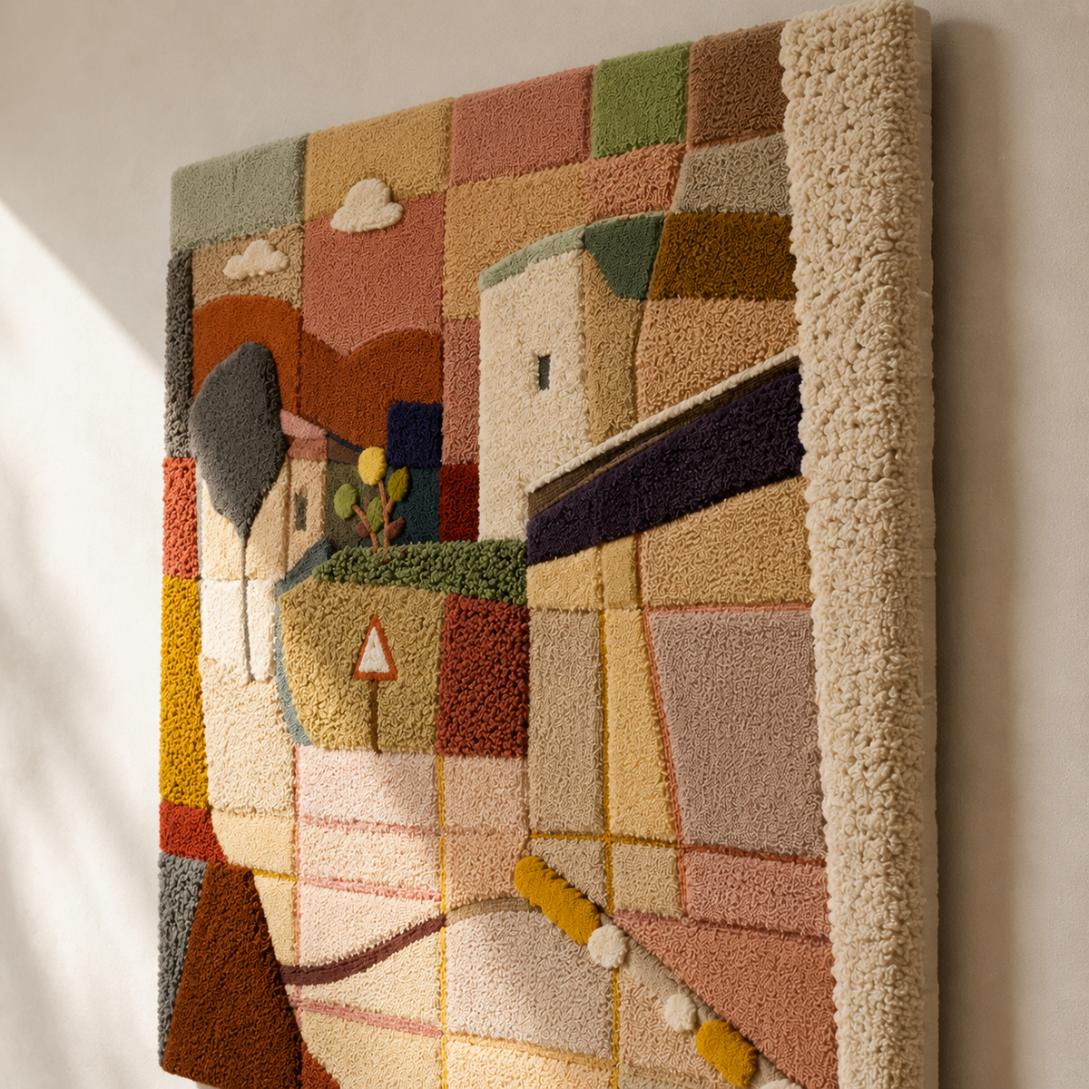 Hewn Earth Village Geometry wall art featuring geometric village scene with earthy tones and intricate line details.