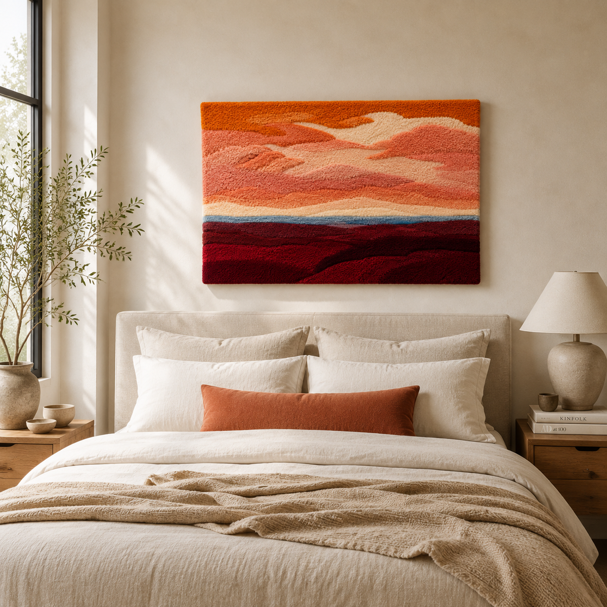Hewn Earth Rose Horizon wall art displayed on a room wall, featuring a vibrant rose horizon landscape painting.