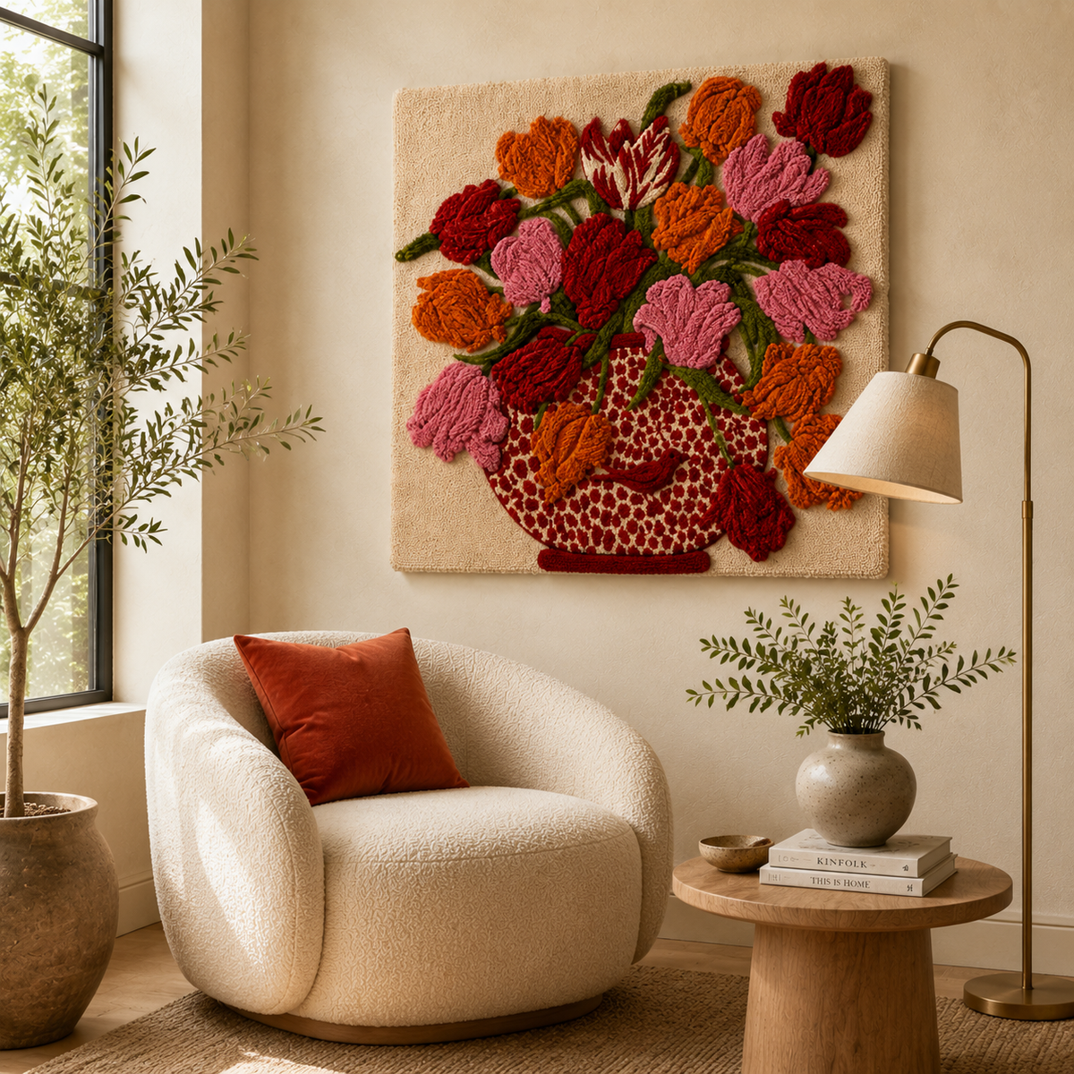 Crimson Garden Basket wall art by Hewn Earth hanging on a room wall with vibrant red and green botanical design.