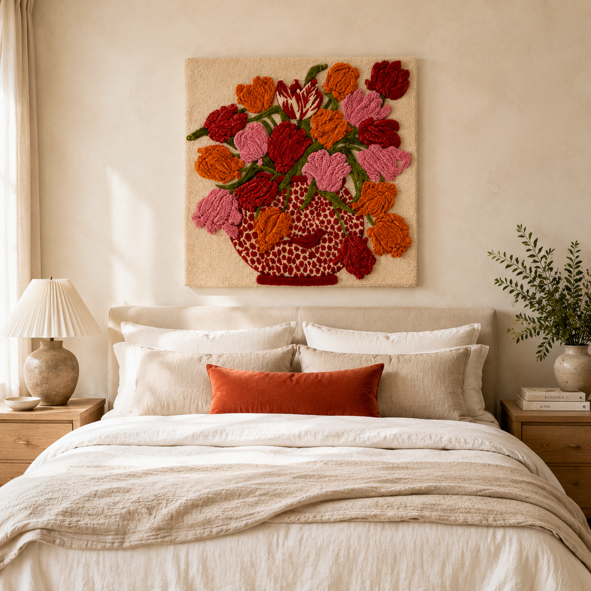 Crimson garden-themed wall art by Hewn Earth featuring a vibrant, decorative basket design for home decor.