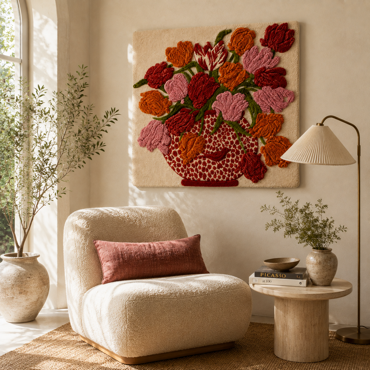 Hewn Earth Ember Petal Bouquet wall art featuring vibrant, abstract floral design on a neutral background.