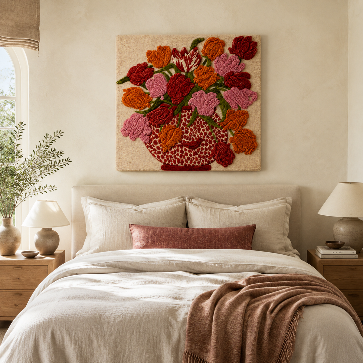 Hewn Earth Ember Petal Bouquet wall art featuring vibrant, abstract floral design on a neutral background.