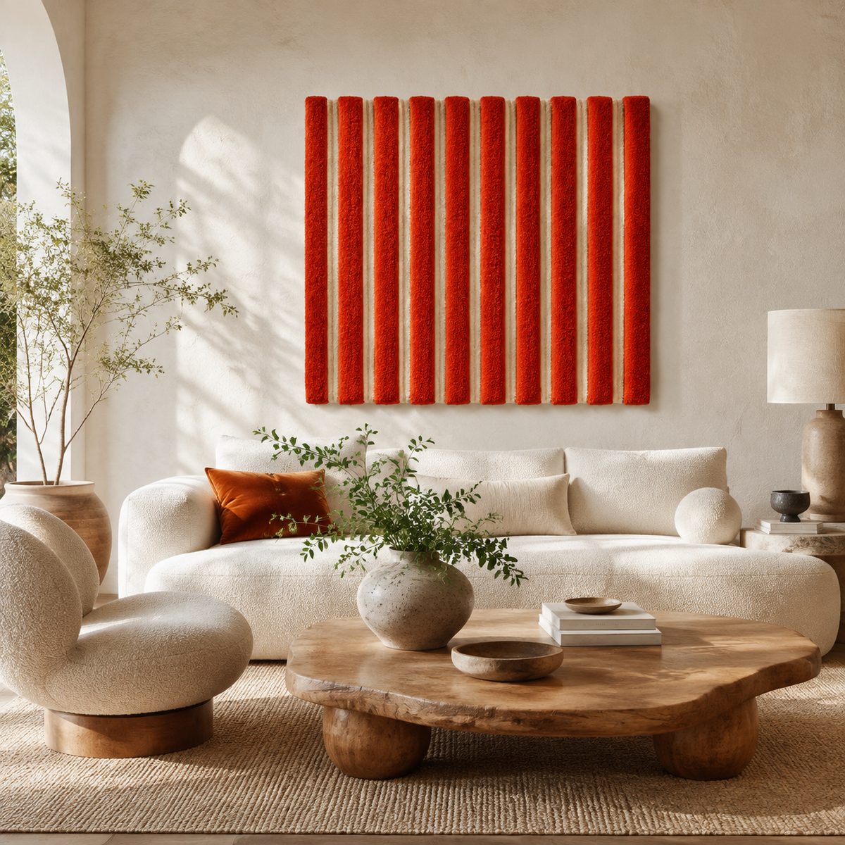 Hewn Earth Vermilion Cord Rhythm wall art featuring vibrant, abstract cord design on a neutral background for modern interior decor.