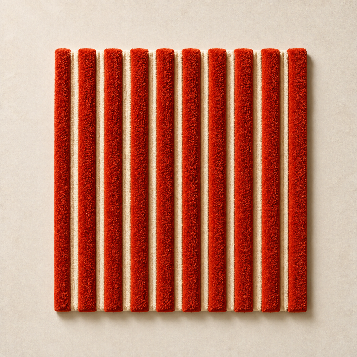 Vermilion Cord Rhythm wall art by Hewn Earth featuring vibrant red and orange cords arranged in a circular geometric pattern.