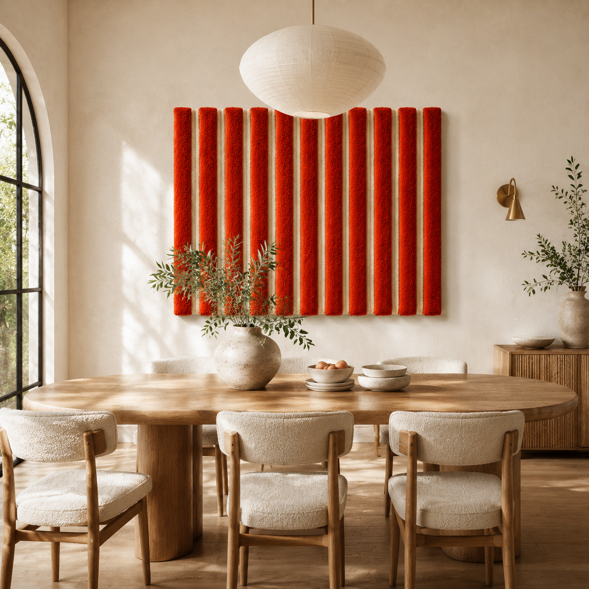 Hewn Earth Vermilion Cord Rhythm wall art featuring vibrant, abstract fabric design on a neutral background.