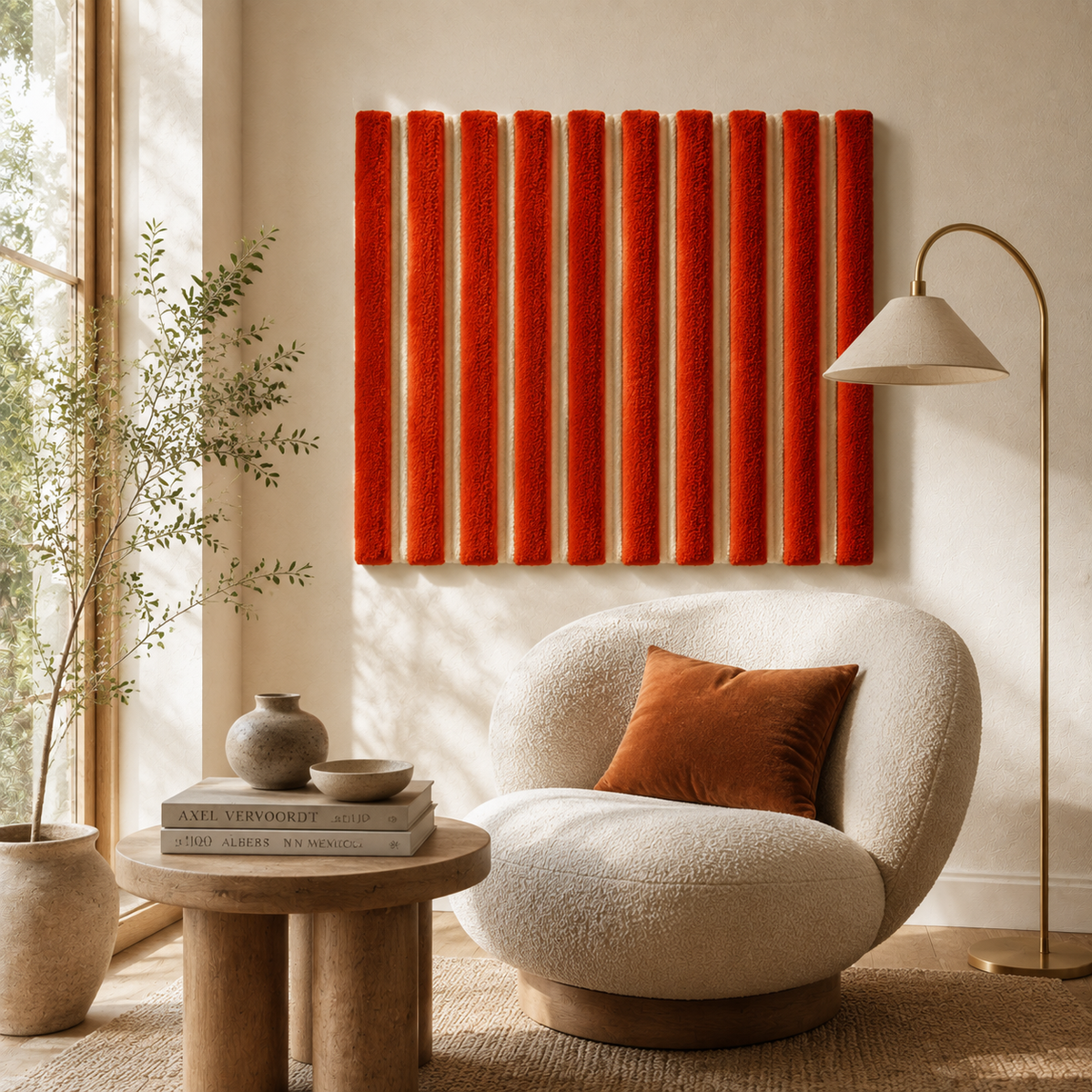 Hewn Earth Vermilion Cord Rhythm wall art featuring vibrant red and orange abstract cords on a neutral background.