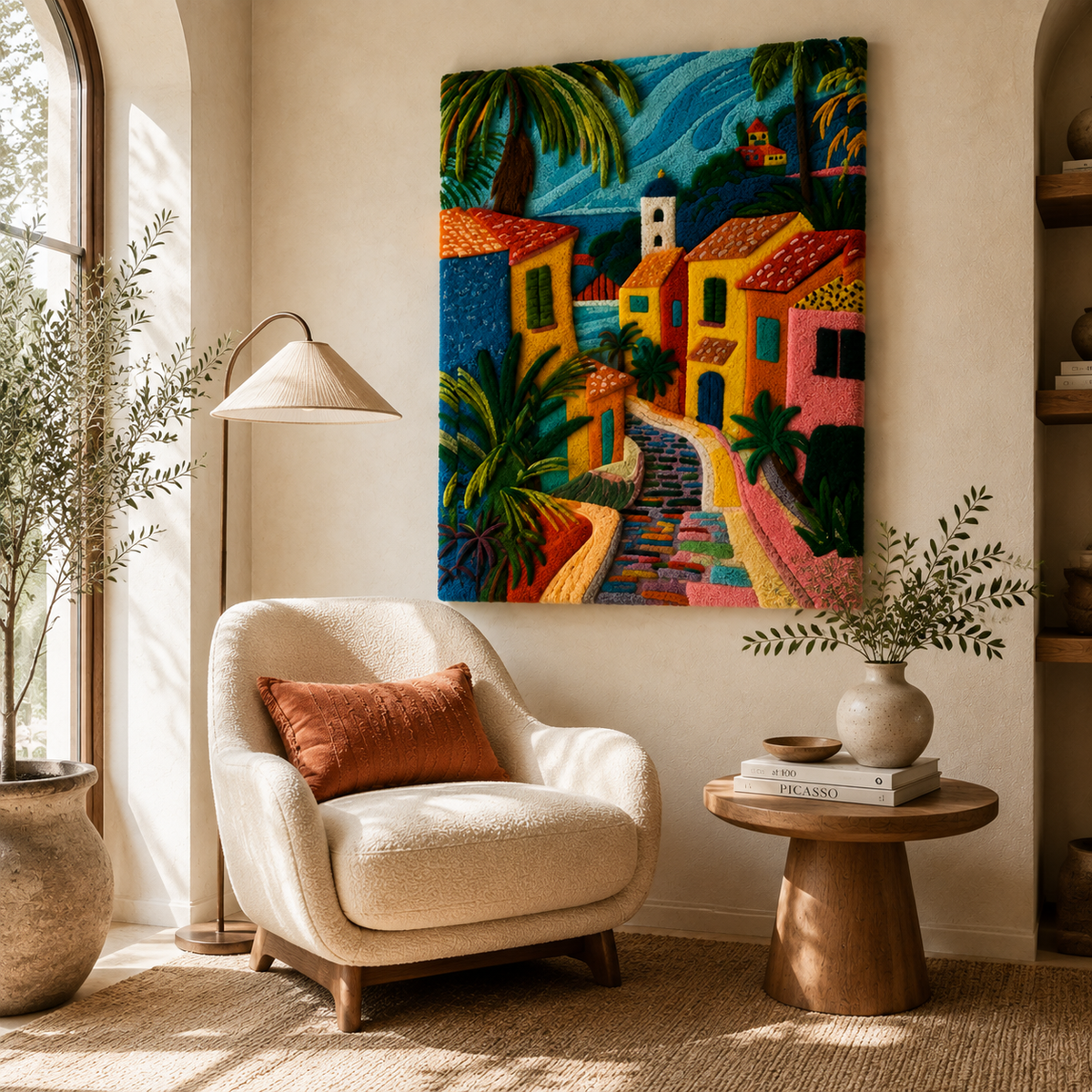 Hewn Earth Sunlit Riviera Steps wall art featuring vibrant landscape with colorful steps and sunlit scenery for home decor.