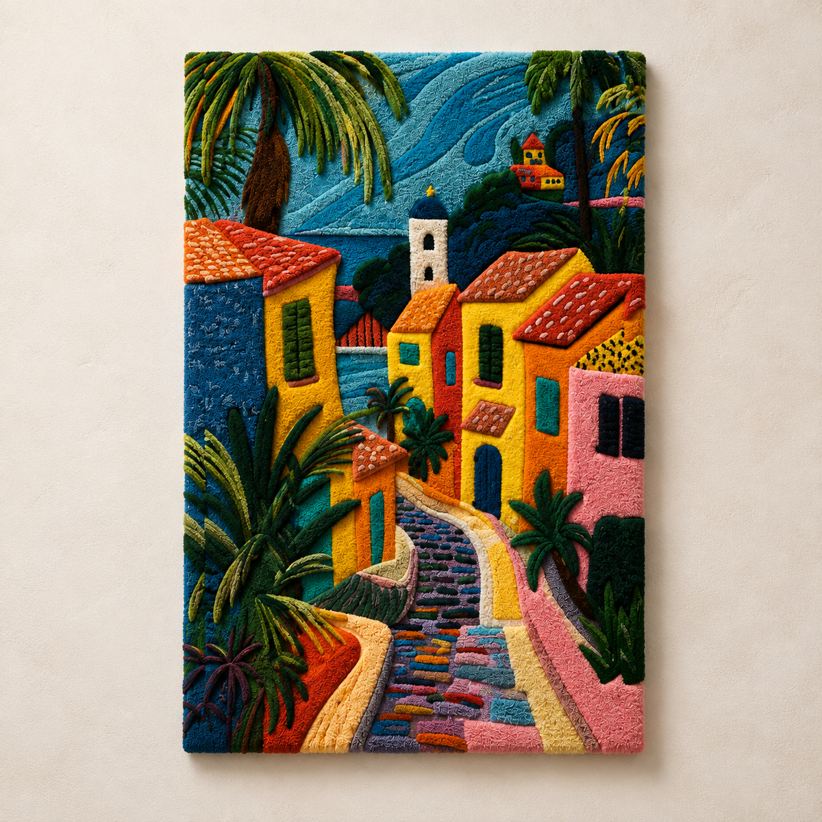 Sunlit Riviera Steps wall art by Hewn Earth featuring a scenic coastal landscape with stairs and sunlight.
