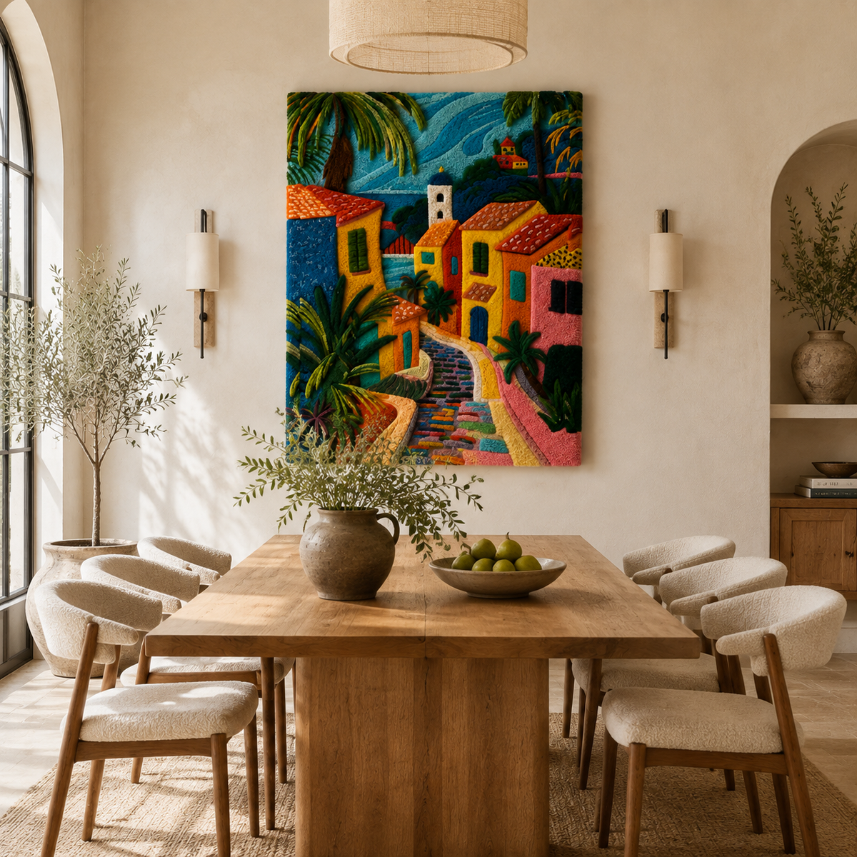 Sunlit Riviera Steps Hewn Earth wall art print showing vibrant coastal scene with colorful steps and bright sunlight.