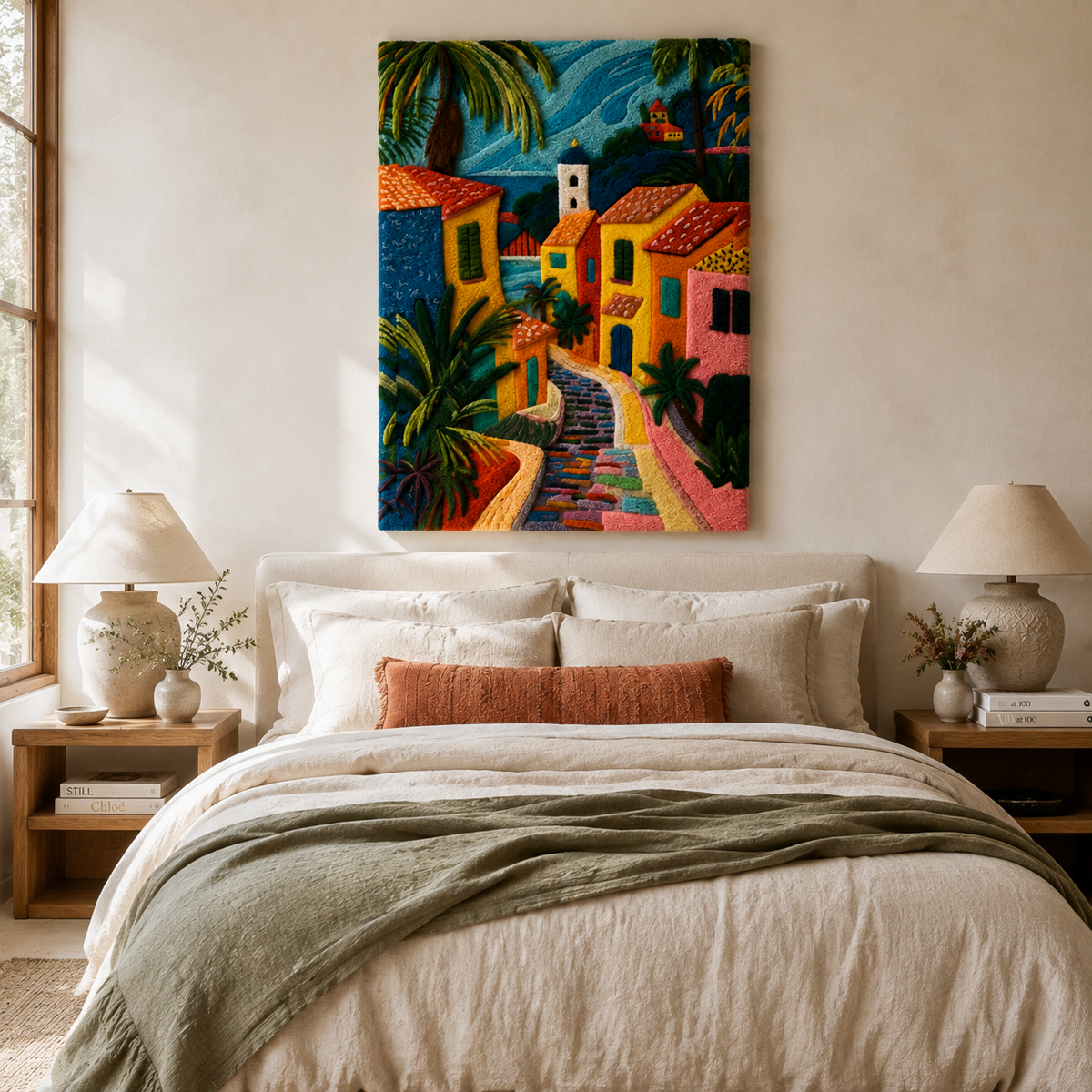 Sunlit Riviera Steps wall art by Hewn Earth showing vibrant coastal scene with colorful steps and ocean backdrop.