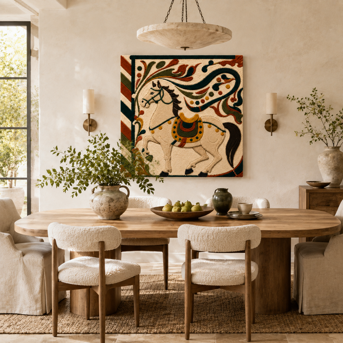 Ivory Festival Stallion Hewn Earth wall art featuring a detailed depiction of a majestic horse on a neutral background.