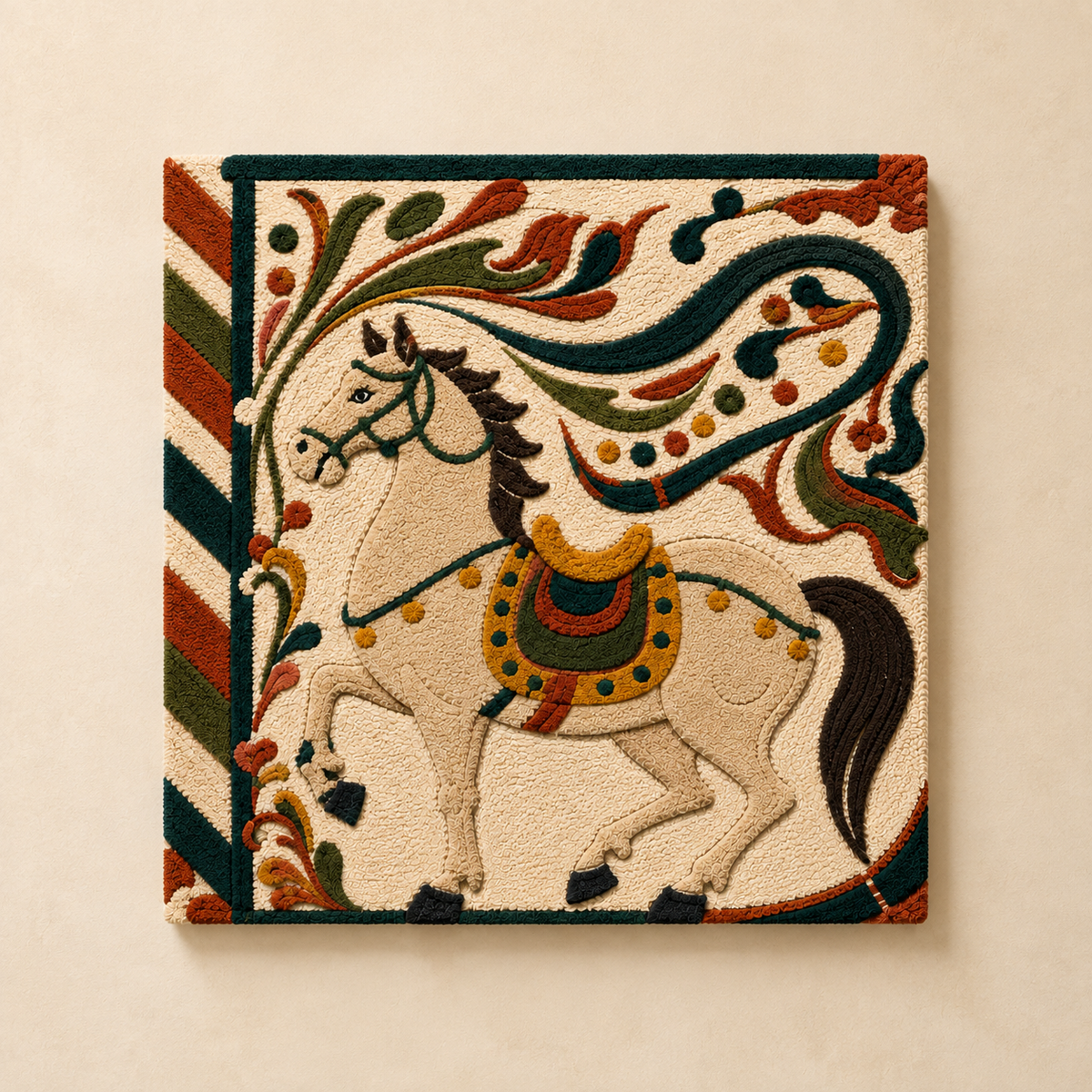 Ivory Festival Stallion wall art by Hewn Earth featuring a detailed horse sculpture on a light background.