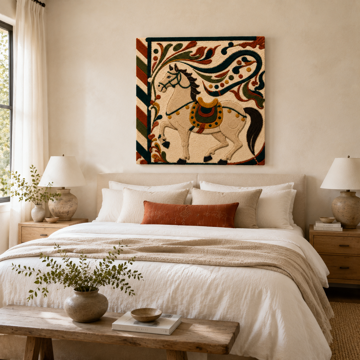 Ivory Festival Stallion wall art by Hewn Earth featuring a detailed illustration of a majestic horse on a neutral background.