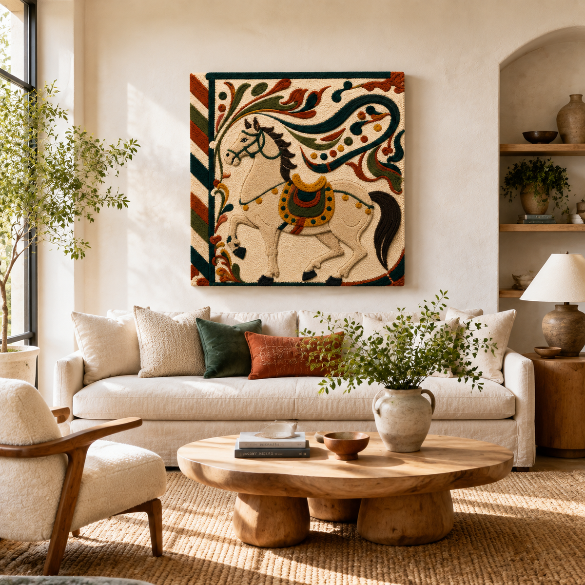 Ivory Festival Stallion Hewn Earth wall art featuring a detailed horse illustration on a neutral background.