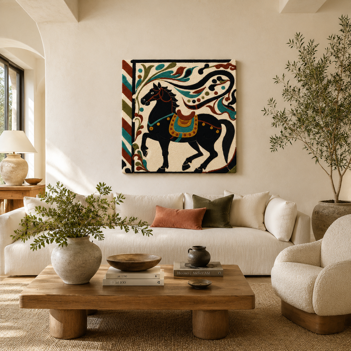 Hewn Earth Midnight Festival Stallion wall art featuring a majestic horse silhouette against a dark, artistic background.
