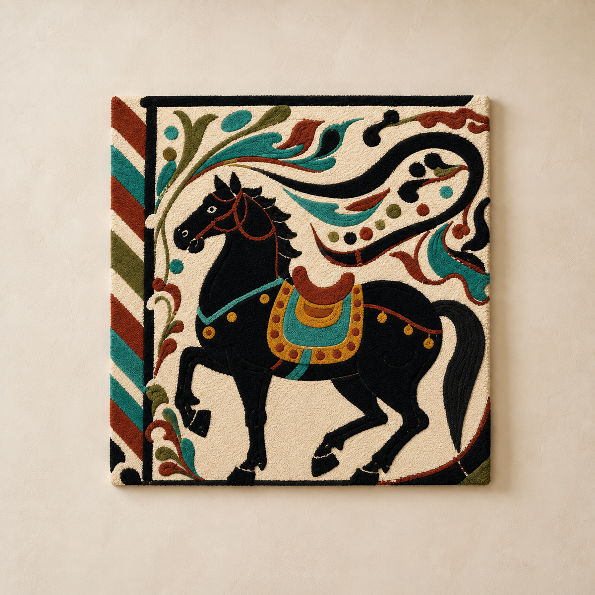 Midnight Festival Stallion wall art by Hewn Earth featuring a dark, artistic depiction of a majestic horse on a textured background.