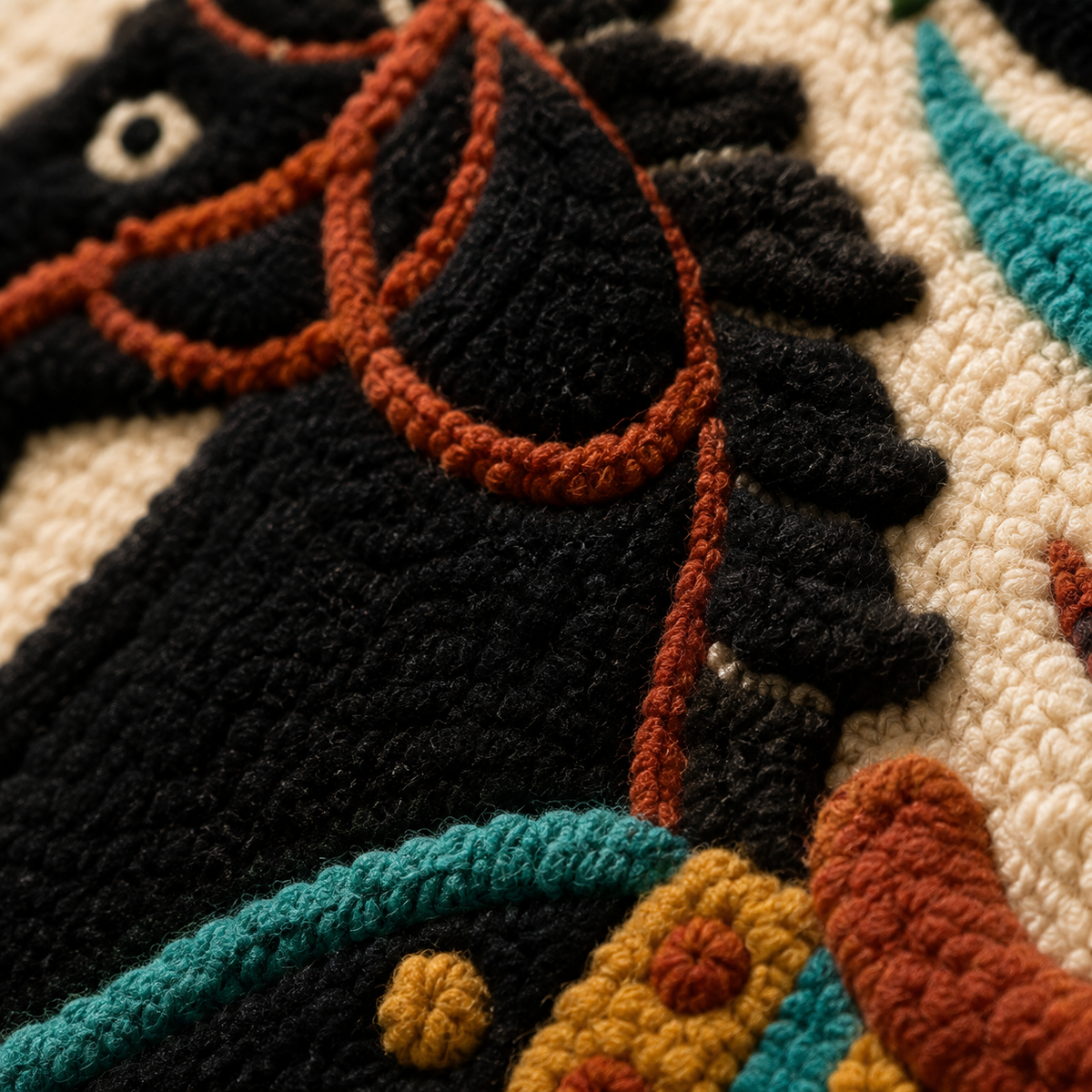 Detailed close-up of Hewn Earth Midnight Festival Stallion wall art showcasing intricate design and rich dark tones.