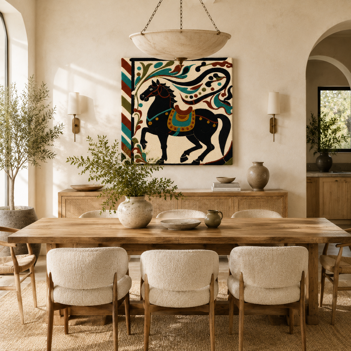 Hewn Earth Midnight Festival Stallion wall art featuring a detailed illustration of a majestic stallion in a dark, artistic style.