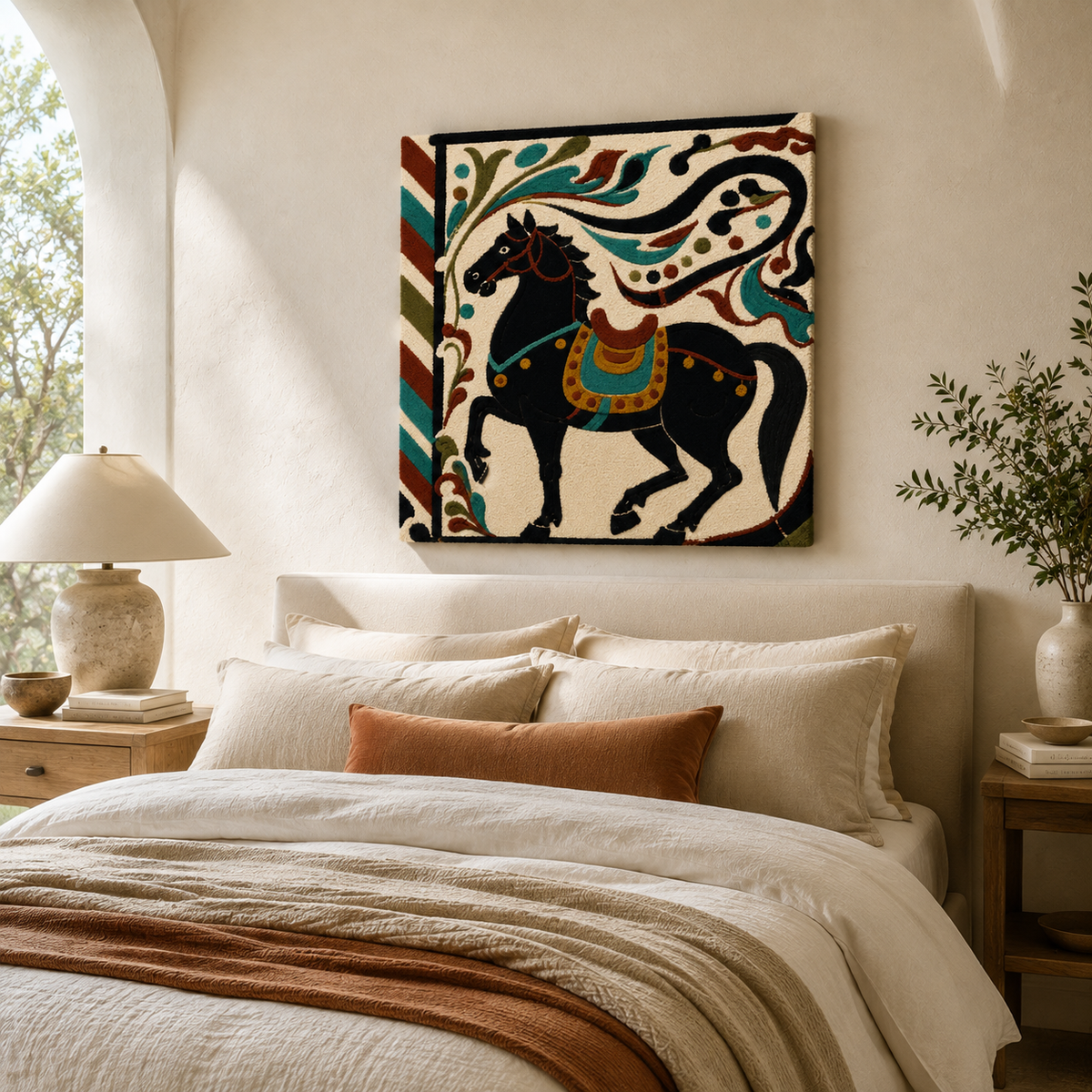 Midnight Festival Stallion wall art by Hewn Earth, featuring a detailed black horse illustration on a dark background.