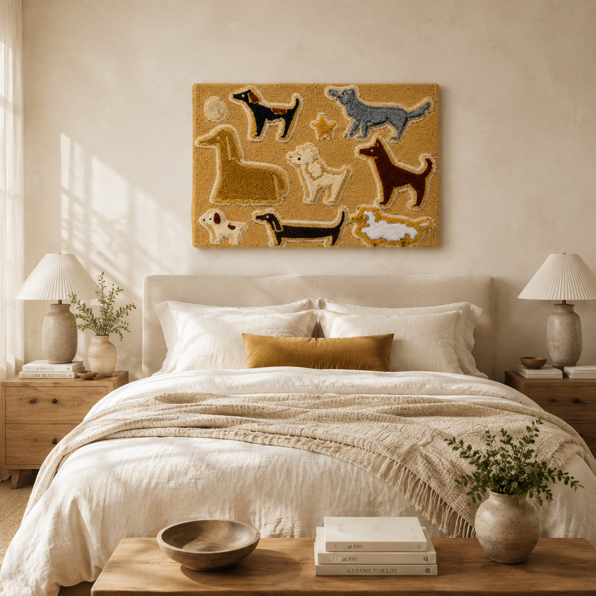 Ochre Cat Parade wall art by Hewn Earth featuring colorful, playful feline illustrations displayed on a wall.