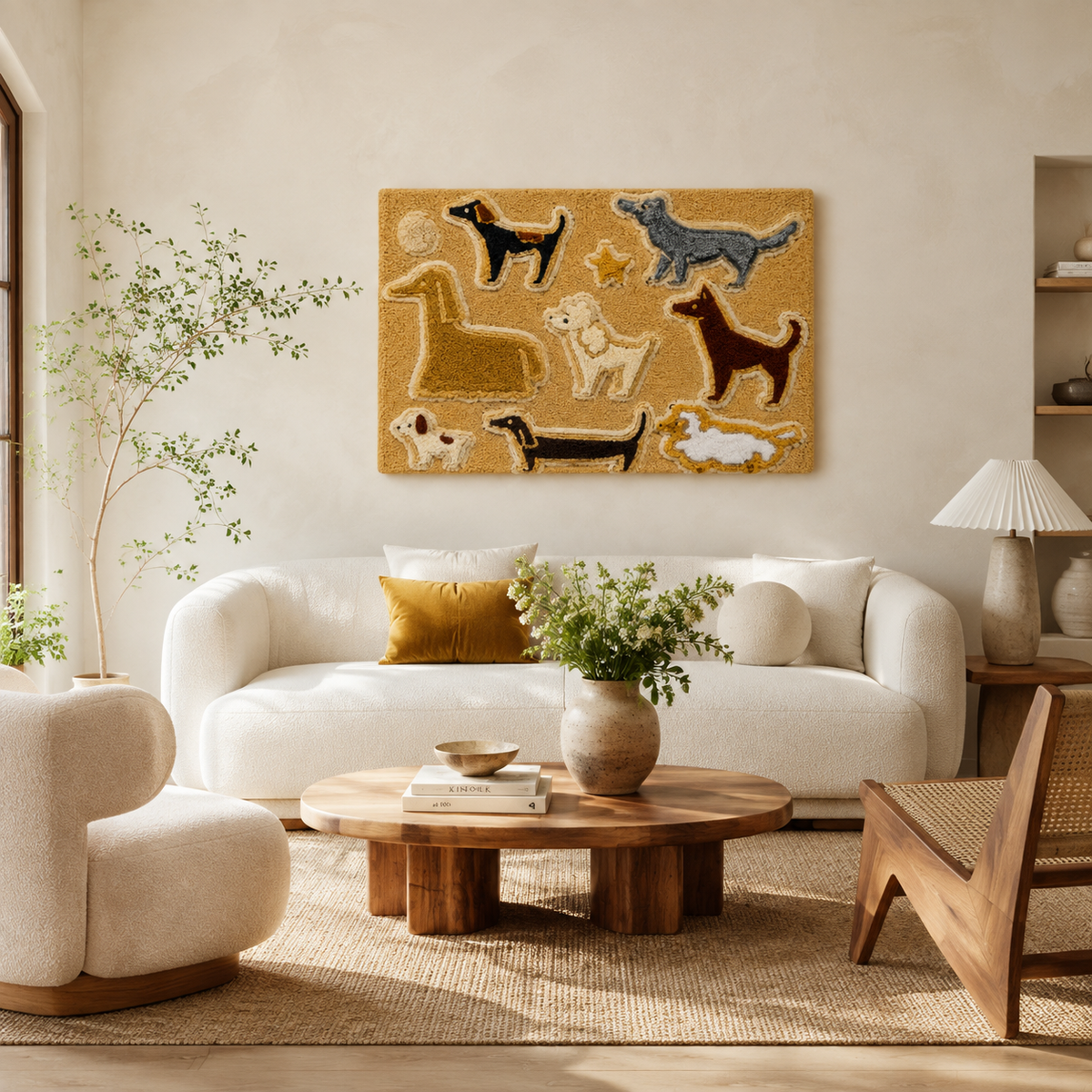 Ochre Cat Parade wall art by Hewn Earth featuring colorful cat illustrations on a textured background.