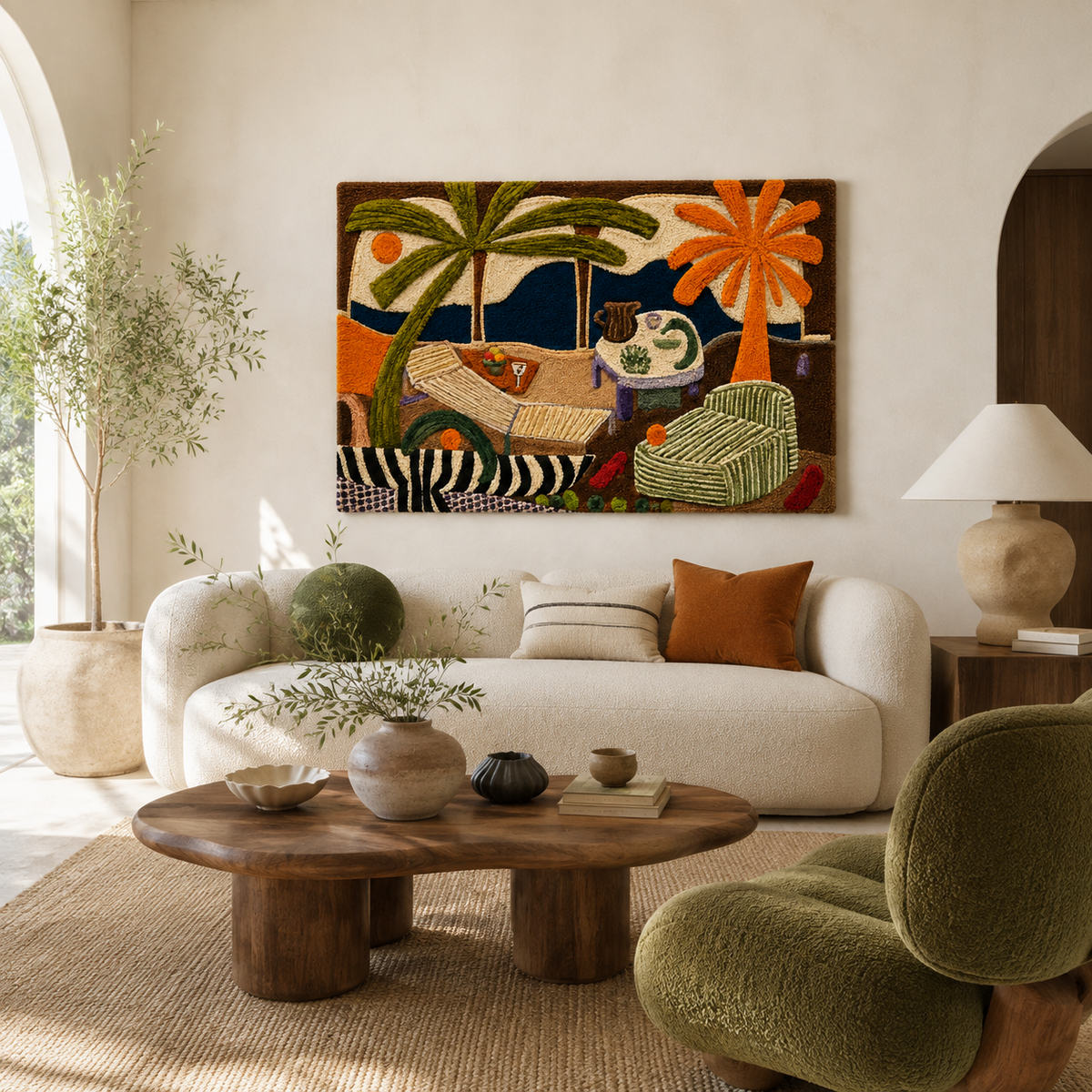 Hewn Earth Palm Lounge Still Life wall art featuring a tropical palm scene in a modern frame, perfect for contemporary interior decor.