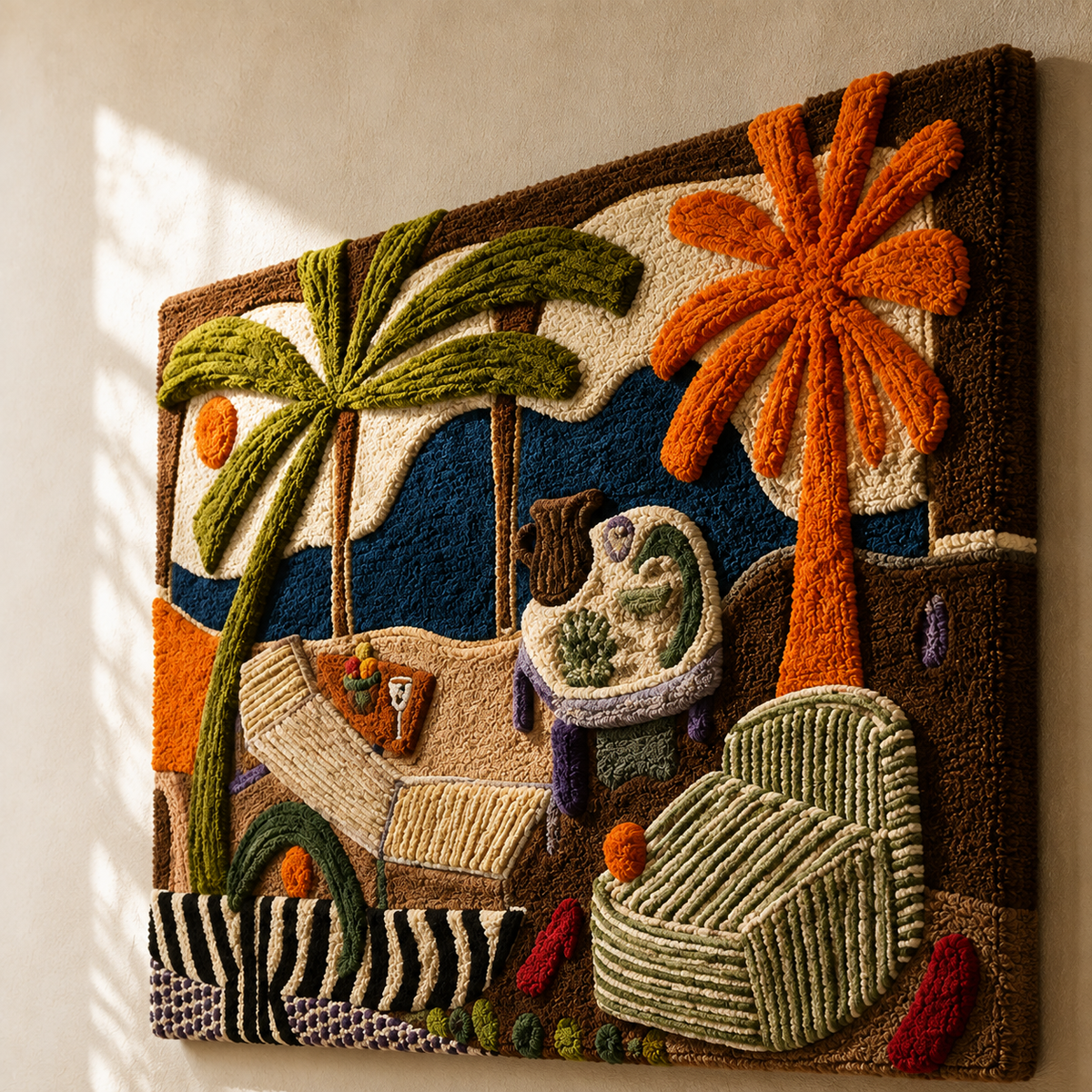 Hewn Earth Palm Lounge Still Life wall art featuring a detailed, natural scene with lush palm leaves and artistic textures.