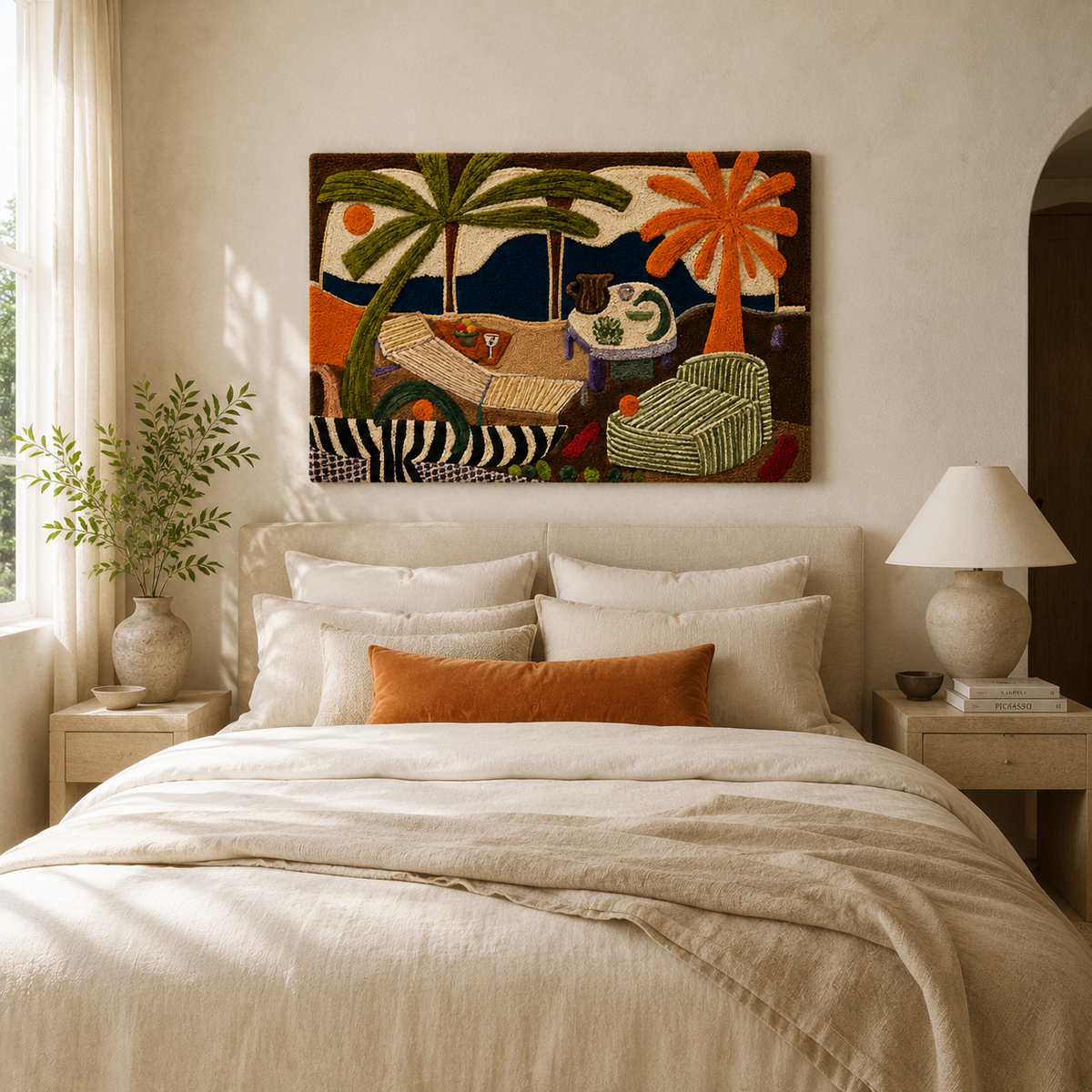 Hewn Earth Palm Lounge Still Life wall art featuring a detailed, artistic depiction of a palm lounge scene on a textured canvas.