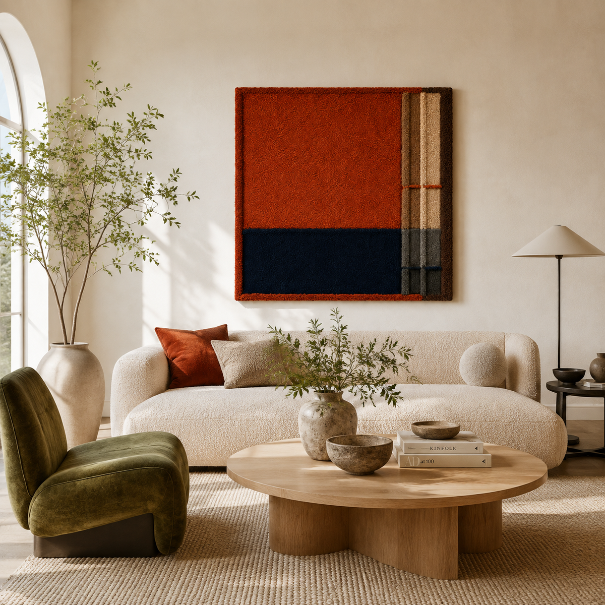 Hewn Earth Ember Ledger Grid wall art featuring a geometric metal design with warm earthy tones, displayed on a modern room wall.