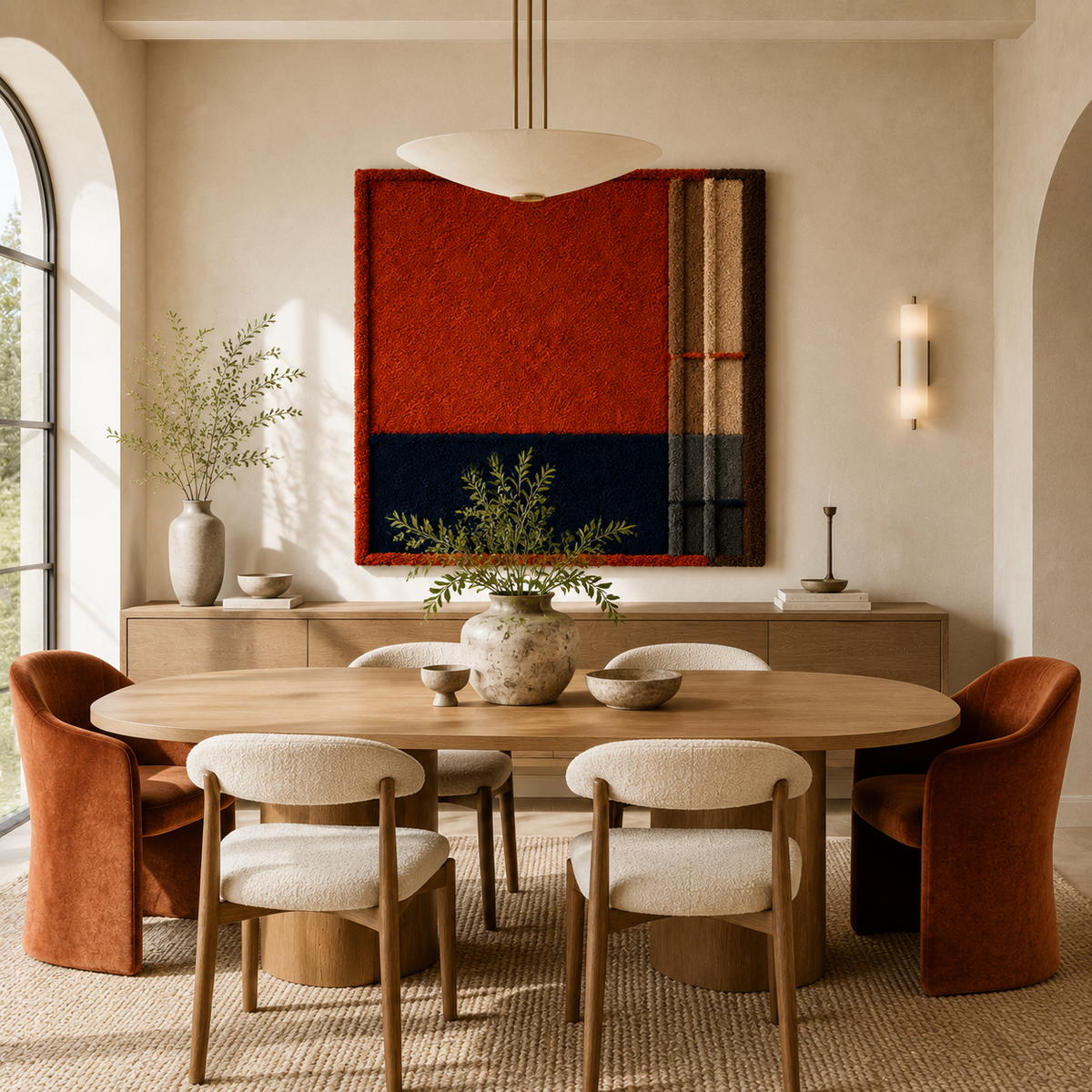 Hewn Earth Ember Ledger Grid wall art featuring a geometric metal grid design on a neutral background.