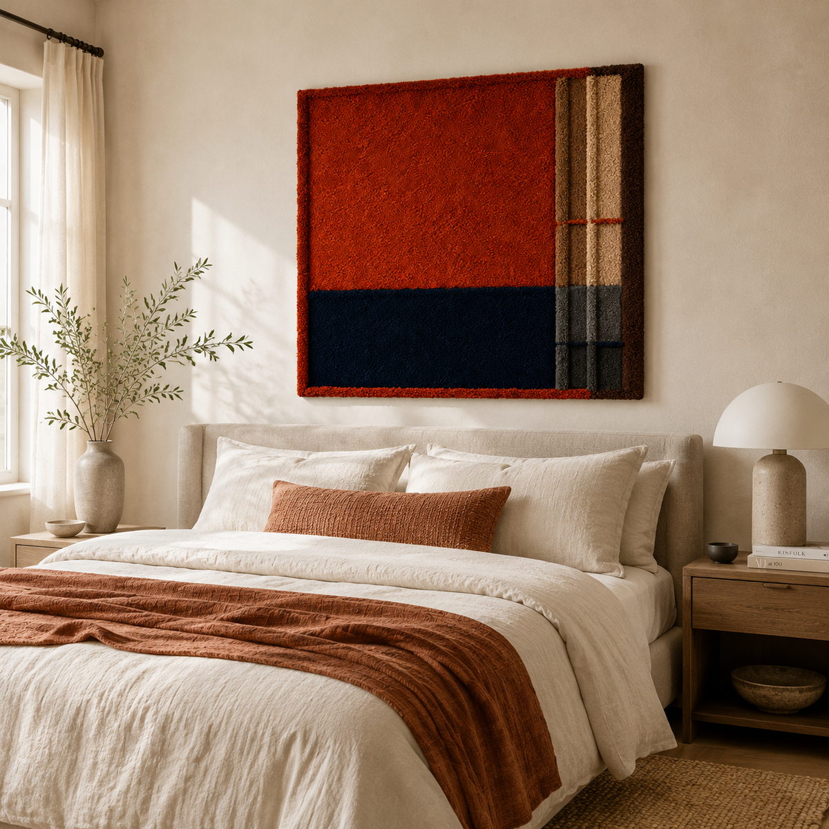 Hewn Earth Ember Ledger Grid wall art featuring a geometric metal grid design in warm earthy tones.