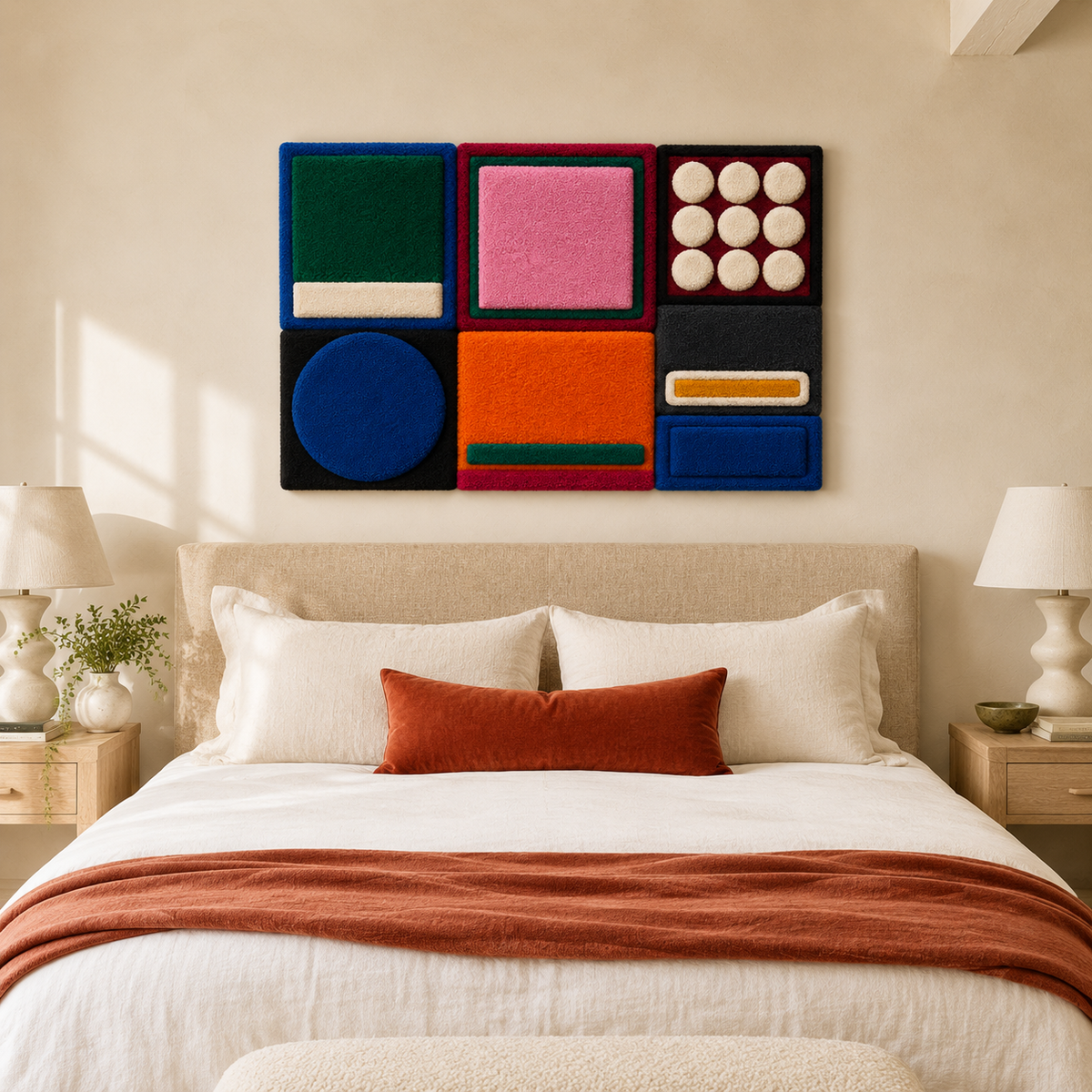 Hewn Earth Primary Room Grid wall art featuring geometric patterns in neutral tones on a white background.