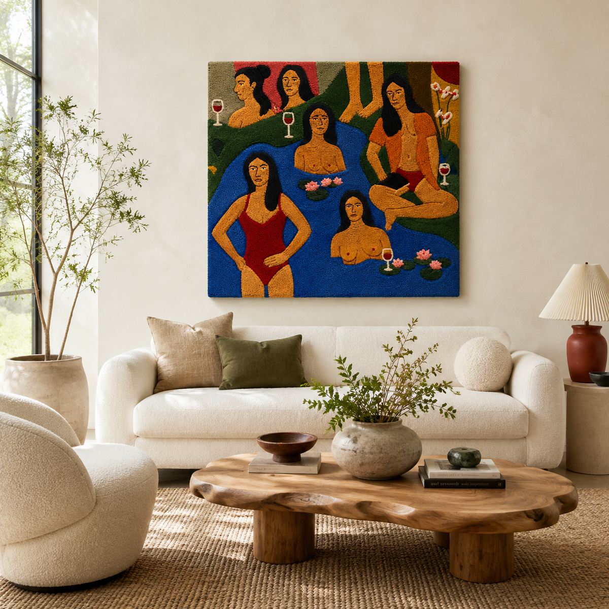 Hewn Earth Sisterhood in Blue wall art featuring abstract blue and white design on a framed canvas for home decor.