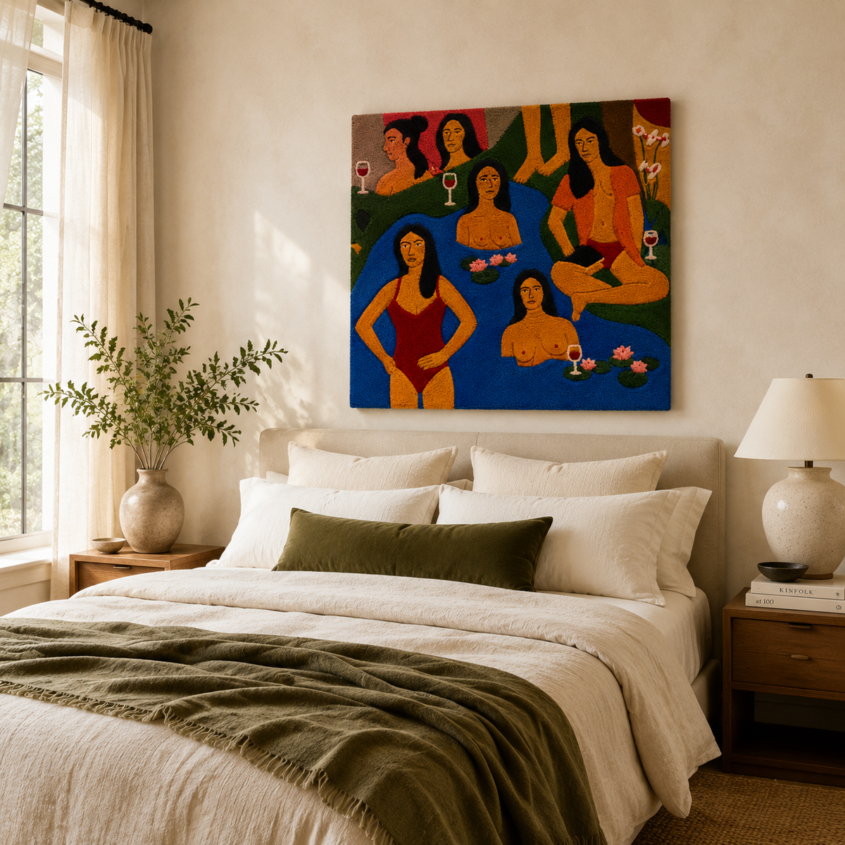 Hewn Earth Sisterhood in Blue wall art featuring abstract blue and white design on canvas or print for home decor.