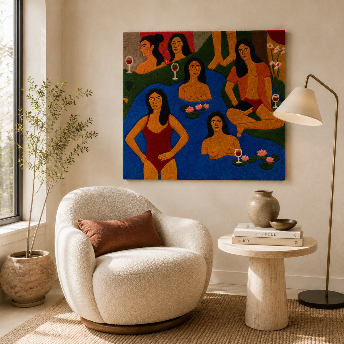Hewn Earth Sisterhood in Blue wall art featuring abstract blue and white design, suitable for modern home decor.