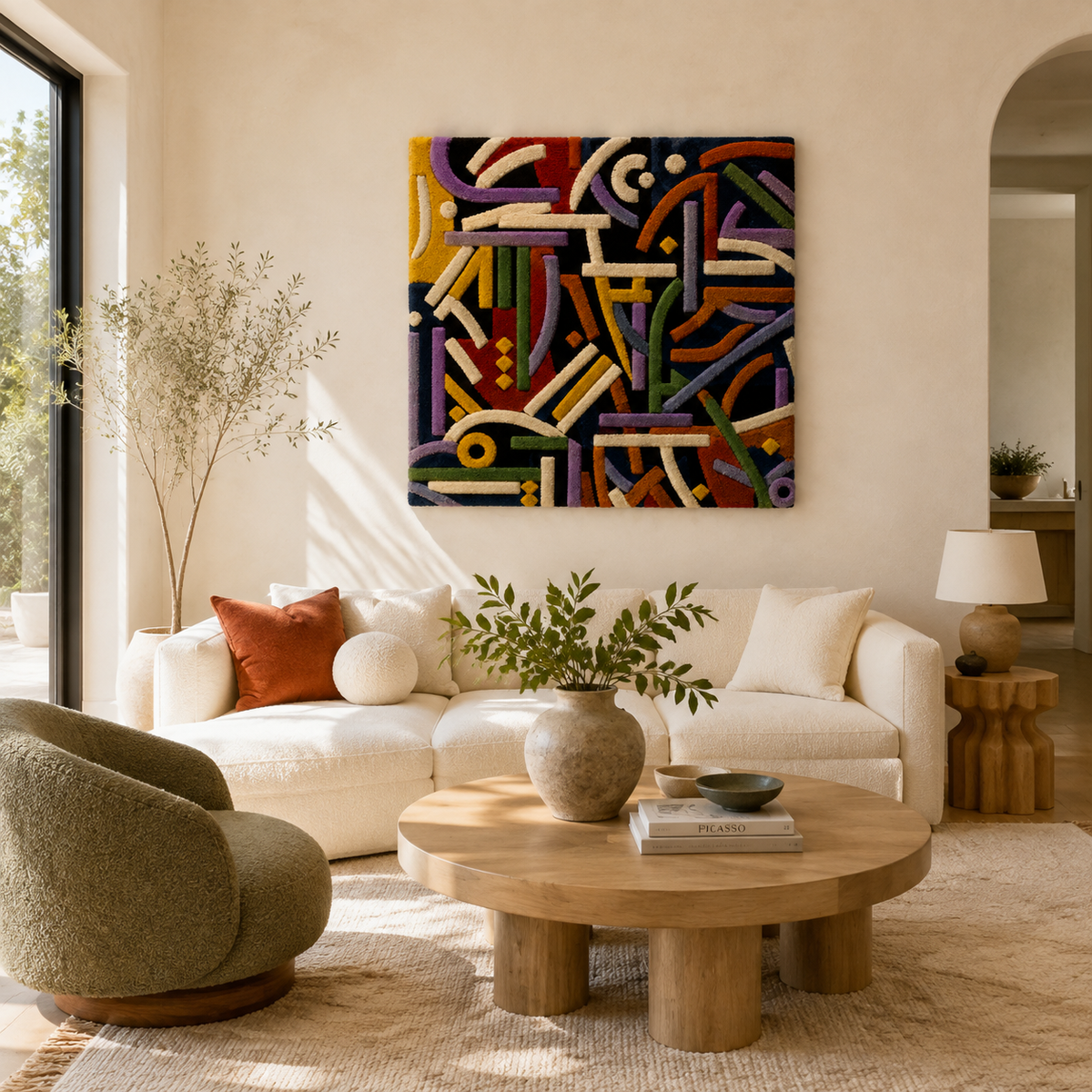 Hewn Earth Chromatic Threadwork wall art featuring vibrant, intricate textile patterns displayed on a modern wall.