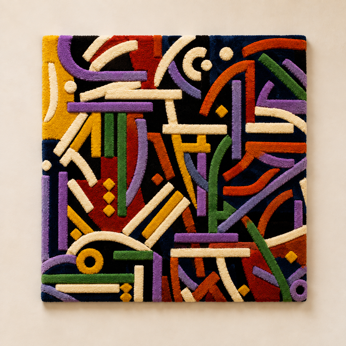 Colorful Chromatic Threadwork wall art by Hewn Earth featuring intricate textile patterns on a neutral background.