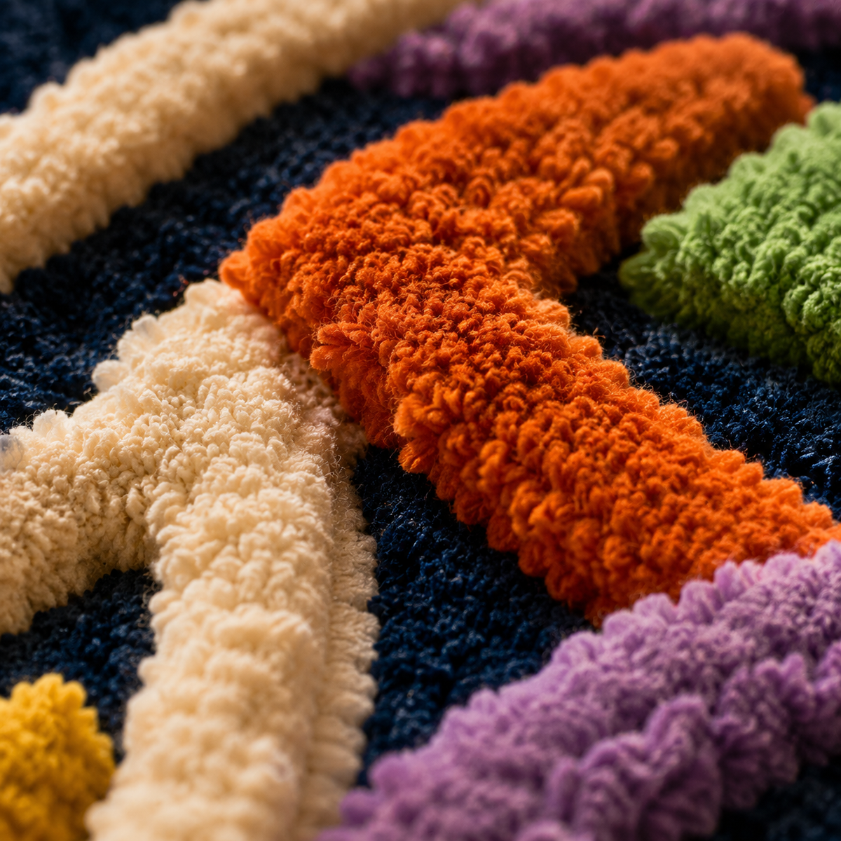 Close-up of Hewn Earth Chromatic Threadwork wall art showcasing vibrant, intricate thread patterns on a textured surface.